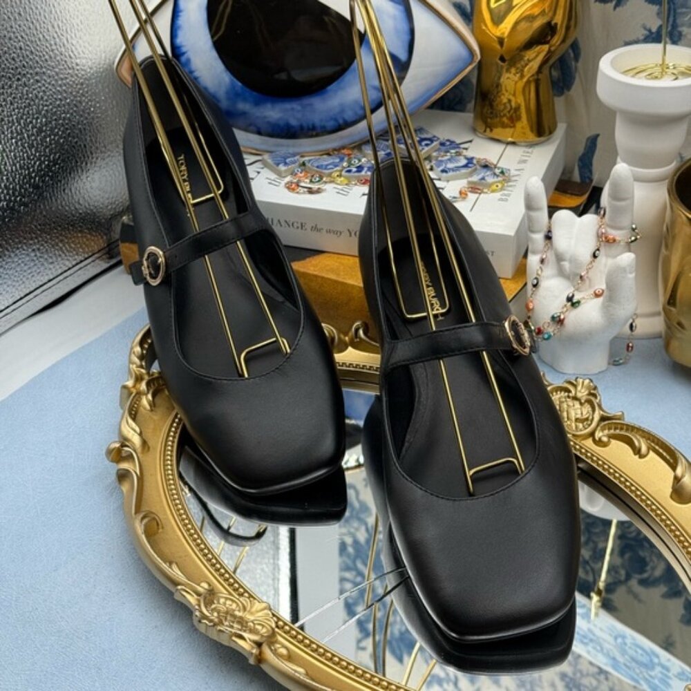🆕 TORY BURCH 🧿 NWOB Selby Black Leather Square Toe Mary Jane Ballet Flats Sz 7 - Picture 5 of 14